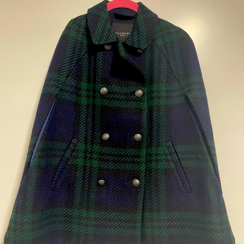 Black Watch Plaid Talbots - size petite - wool cape - brand new with tags
